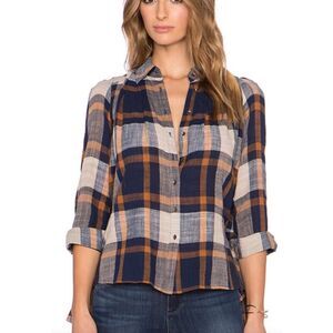Free People Peppy In Plaid Button Up BOHO TOP SHIRT BLOUSE sz L